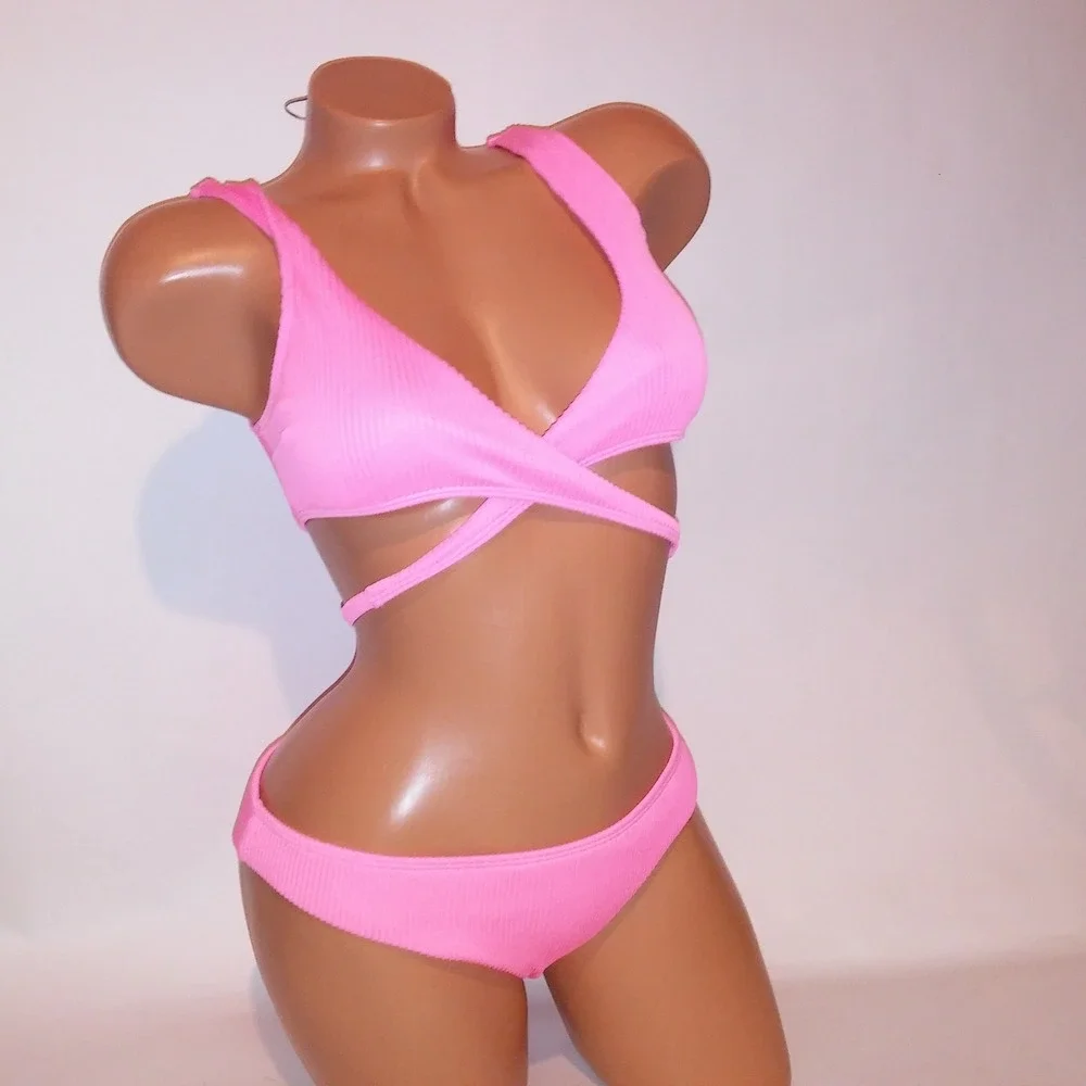 Hollister Swim Bikini Small Top Medium Bottom Neon Pink Ribbed Wrap